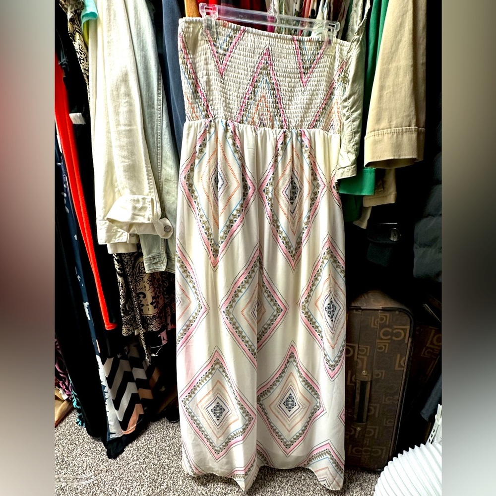 Old Navy Strapless Cream Maxi Dress with Pink and Blue Geometric Print